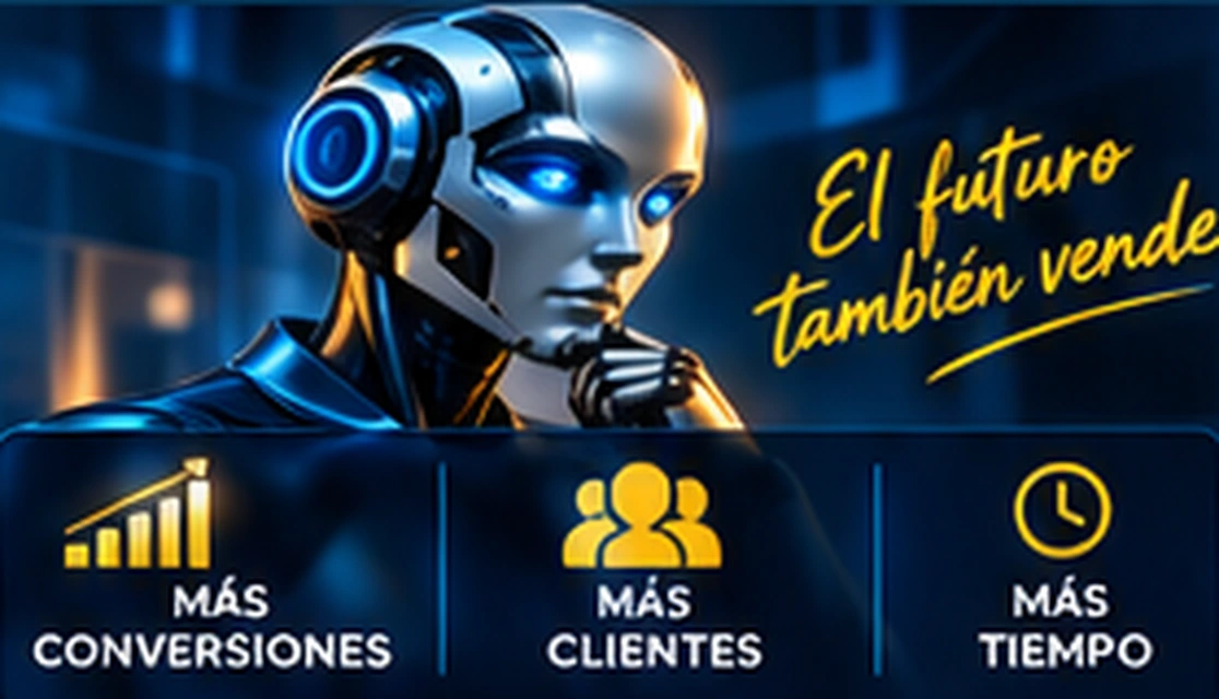Robot de inteligencia artificial con la frase El futuro también vende y los mensajes Más conversiones, Más clientes y Más tiempo